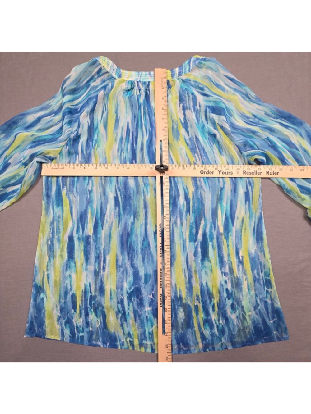 Chicos Size 1 M Womens Sheer Popover Tunic Blouse Blue Green Abstract Print - Picture 3 of 3